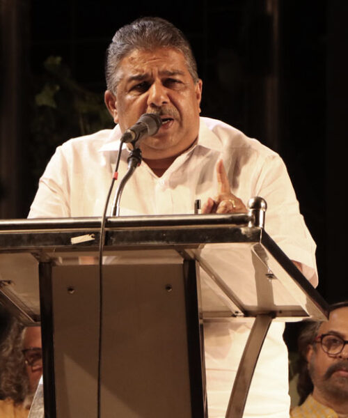 Saji Cherian, Minister for fisheries, culture & youth affairs at Lokadharmi's 26th Annual Day and World Theatre Day 2023 event, at Lokadharmi Nadakaveenu