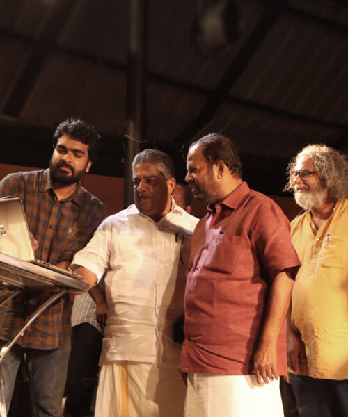 Saji Cherian, Minister for fisheries, culture & youth affairs and MLA KN Unnikrishnan, Dr Chandradasan and Thomas Kiran at Lokadharmi's 26th Annual Day and World Theatre Day 2023 event, at Lokadharmi Nadakaveenu