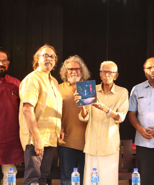 Sanu mash, Madhupal and Chandradasan at Lokadharmi's 26th Annual Day and World Theatre Day 2023 event, at Lokadharmi Nadakaveenu