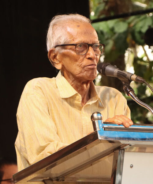 M. K. Sanu or sanu mash at Lokadharmi's 26th Annual Day and World Theatre Day 2023 event, at Lokadharmi Nadakaveenu
