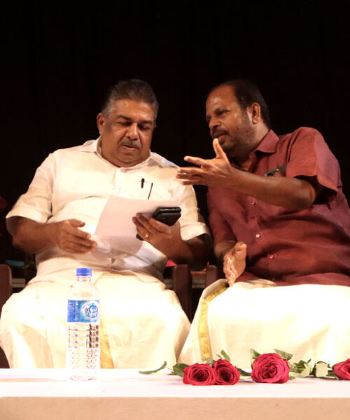 Saji Cherian, Minister for fisheries, culture & youth affairs and MLA KN Unnikrishnan at Lokadharmi's 26th Annual Day and World Theatre Day 2023 event, at Lokadharmi Nadakaveenu