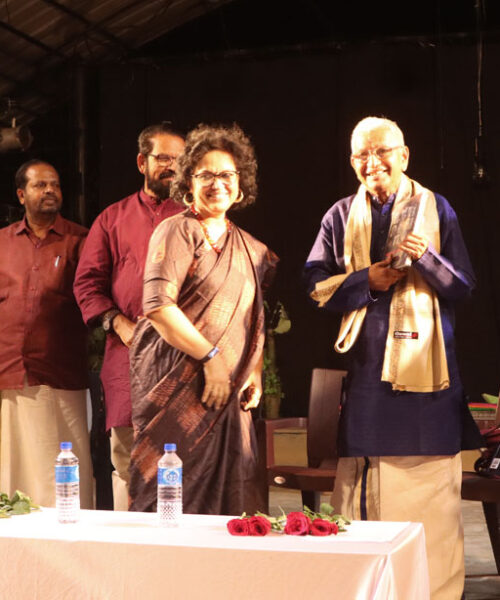 Prabhakaran Kalamandalam at Lokadharmi's 26th Annual Day and World Theatre Day 2023 event, at Lokadharmi Nadakaveenu kochi