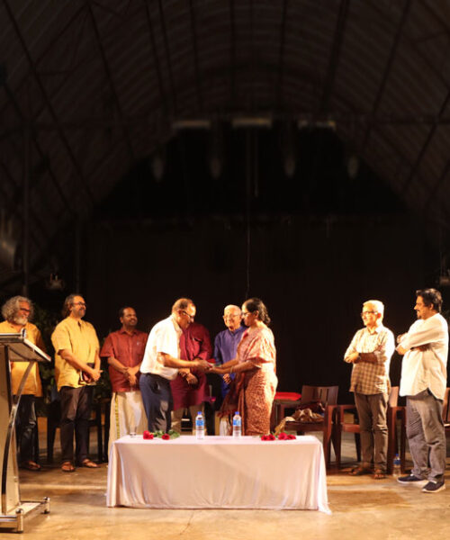 Dr. Sajitha Madathil at Lokadharmi's 26th Annual Day and World Theatre Day 2023 event, at Lokadharmi Kochi