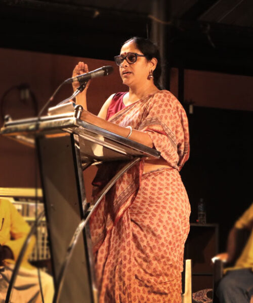 Dr. Sajitha Madathil at Lokadharmi's 26th Annual Day and World Theatre Day 2023 event, at Lokadharmi Nadakaveenu